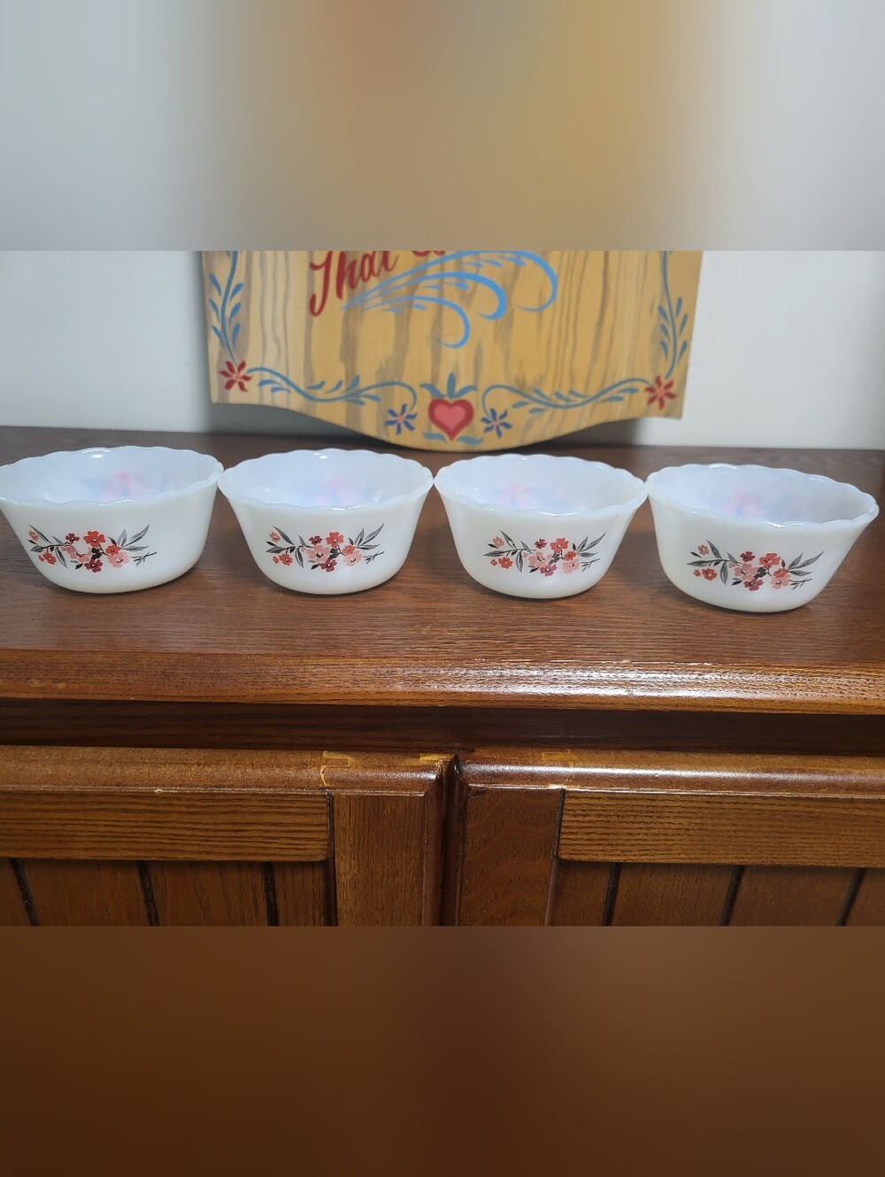 Milk glass custard cups, Anchor Hocking Fire King Primrose pattern, set of 4